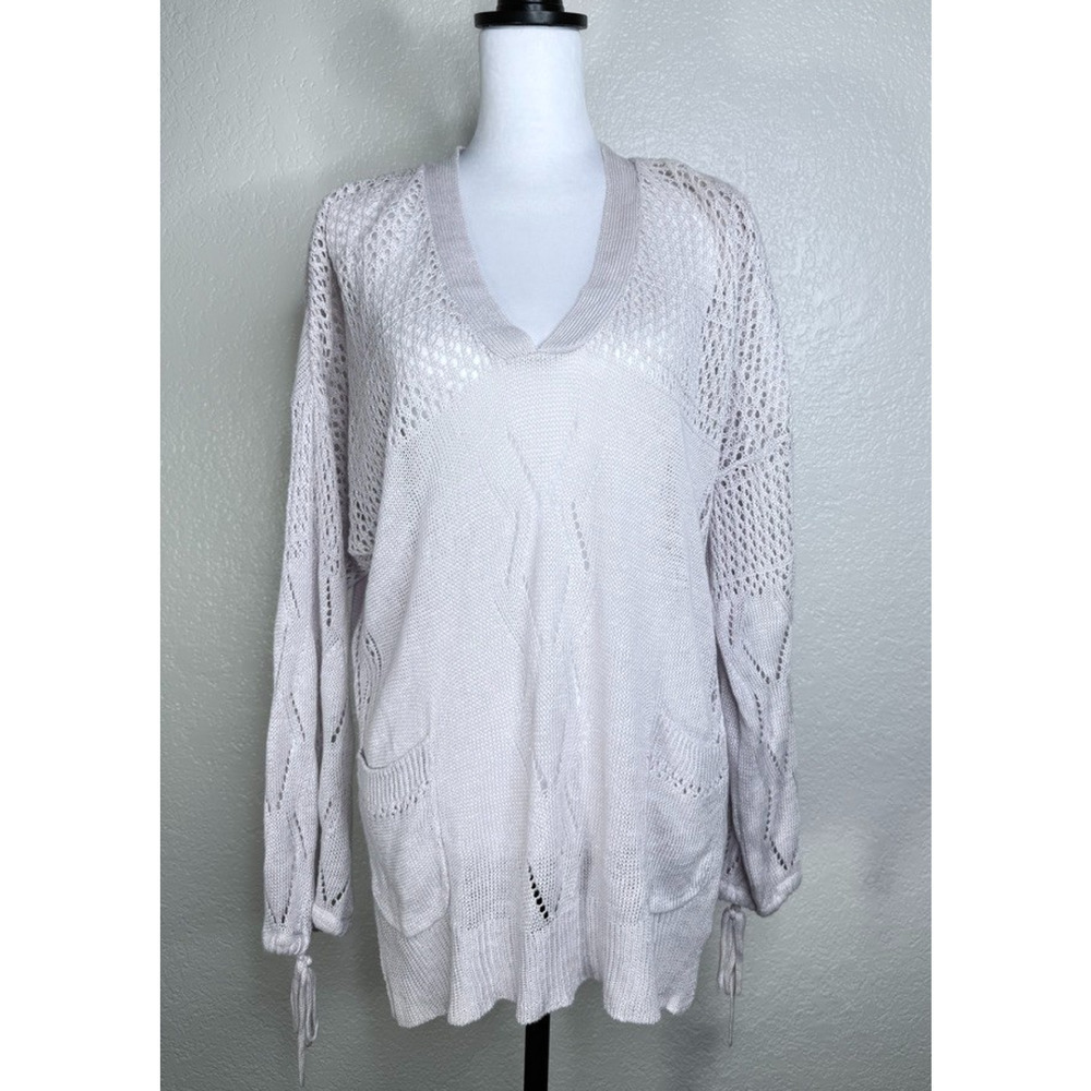 MARGARET O'LEARY 100% Linen Eyelet Sweater Knit Pockets Cream V-Neck Womens